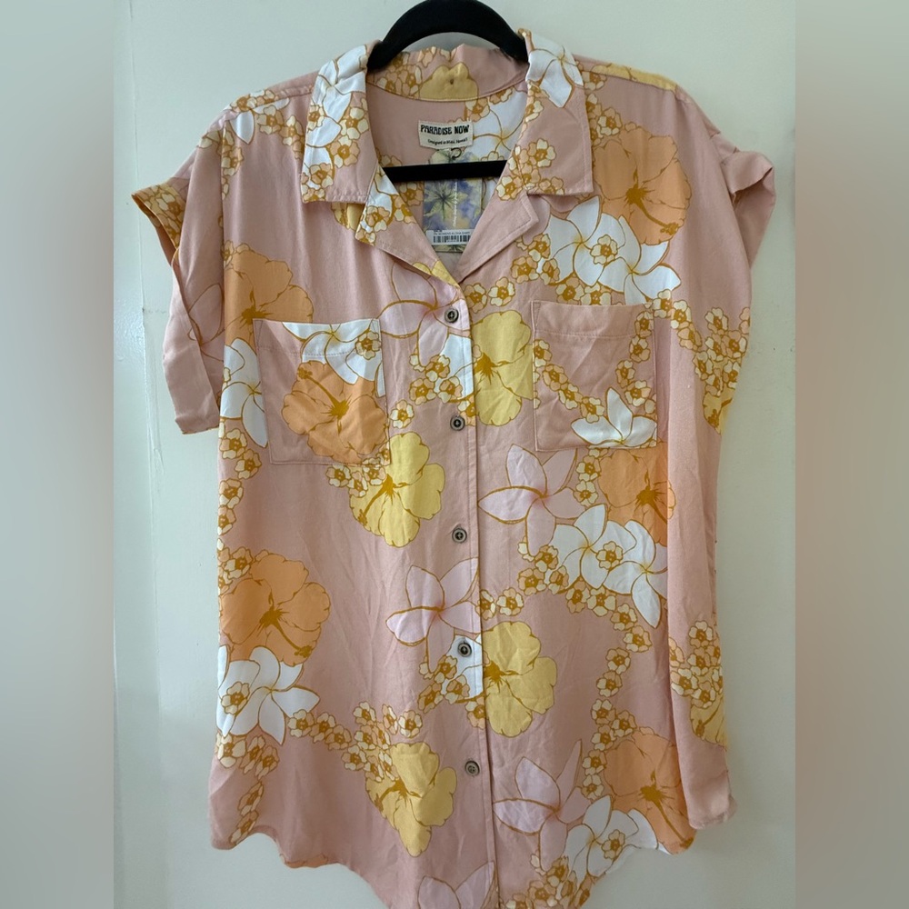 New Paradise Now Large Aloha Shirt Button Down Hibiscus Puakenikeni Rayon NWT